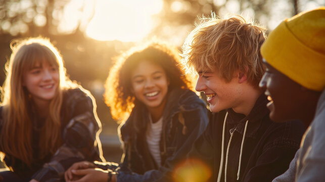 ultra realistic group of teenagers laughing and talking together outdoors, diverse gen z friends enjoying summer day in the city, authentic lifestyle portrait of youth friendship and happiness