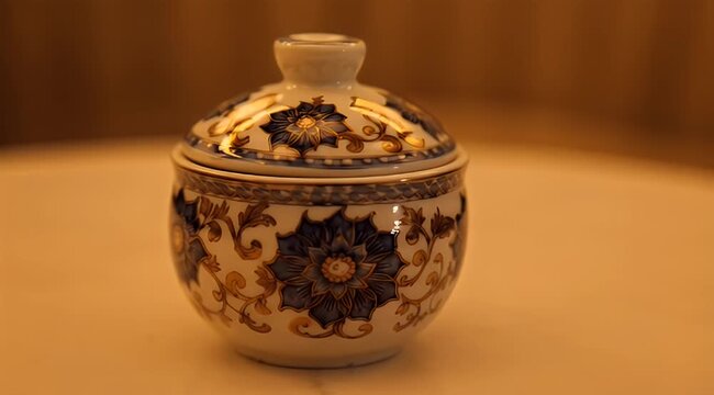 Small lidded ceramic jar, blue flowers and gold vines, warm soft light
