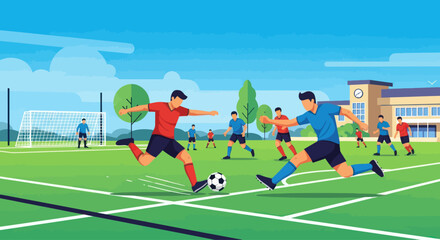 Fototapeta premium Young athletes playing soccer match on a sunny day at school sports field