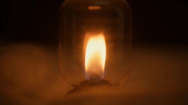 Warm yellow flame encased in glass glows softly in a dark, atmospheric setting