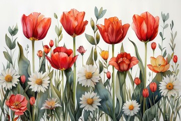 Fototapeta premium Watercolor botanical illustration of tulips and wildflowers with green leaves delicate spring garden floral composition Generative AI