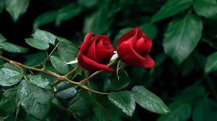 Fresh Red Roses with Dew Drops on Green Leaves in Natural Setting