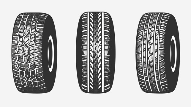 Three tires with different tread patterns are displayed in a gray-scale illustration