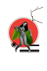 Fototapeta premium Vertical art trend collage of puzzled korean girl hang green leaf plant spring season bloom thailand travel ethnic culture