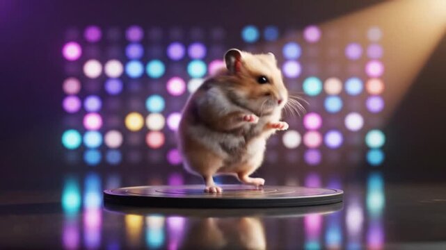 Hamster dances on stage with music and colorful lights in a fun setting during an animated performance