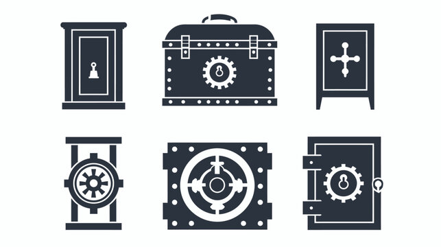 Collection of stylized illustrations of locked safes and similar security elements, white background