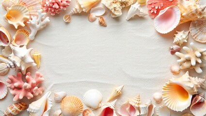 Fototapeta premium Seashell frame on beach sand with copy space summer background