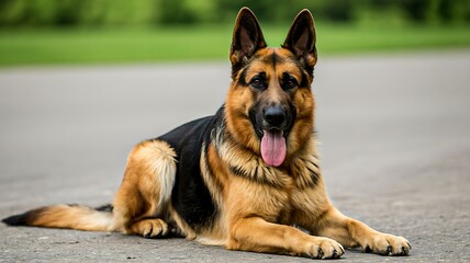 German shepherd dog lying on floor with natural background
