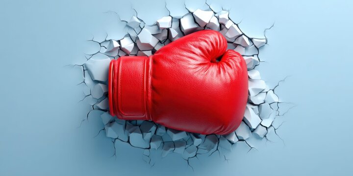 Red boxing glove breaking through a light blue wall with cracks