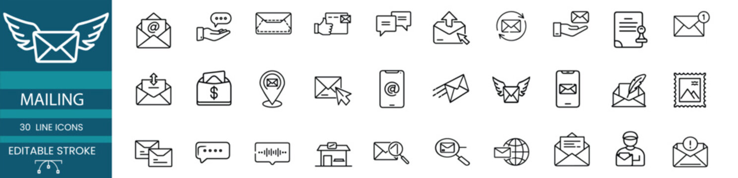 Mailing and email marketing line icon set featuring envelope and message notification for global communication and more vector illustration or editable stroke