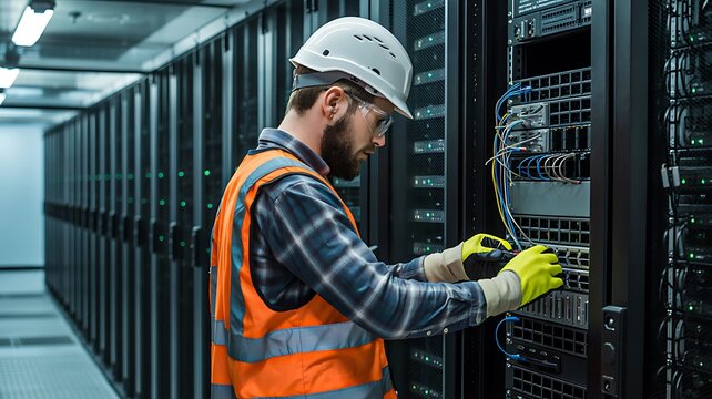 Engineer working on server rack in data center