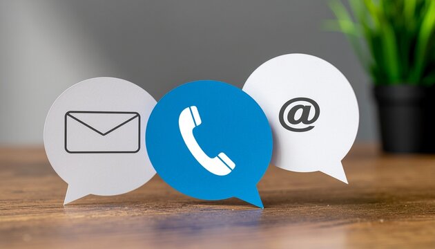 オンラインサポートの概念　チャット吹き出しアイコン（メール・電話・@）木目デスク背景　文字なし