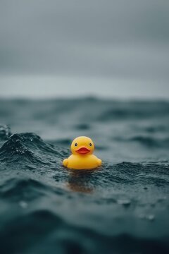 A lone yellow rubber duck floats on dark, choppy ocean waves under a cloudy sky