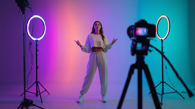 ultra realistic influencer filming content in modern home studio, professional lifestyle vlog recording with camera and ring light setup, young content creator working on digital media production