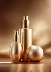 Naklejka premium Elegant gold cosmetic bottles and sphere with luxurious metallic sheen and soft lighting