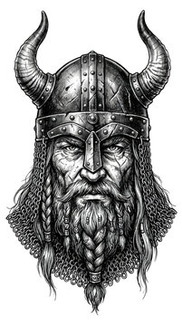 A viking warrior with a horned helmet and a beard isolated on transparent background