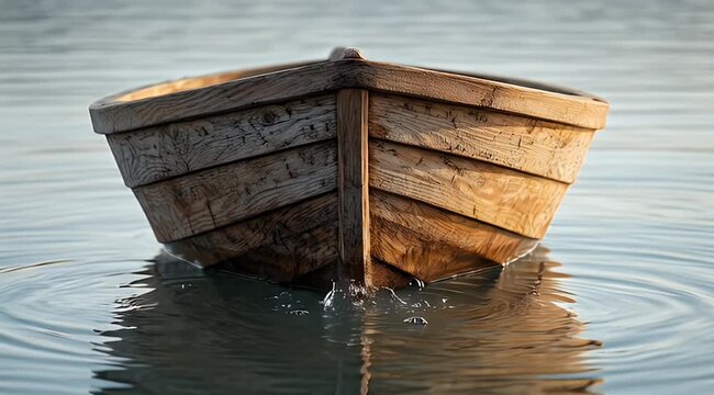 Textured wooden boat bow floats serenely on calm, subtly rippled water at dawn