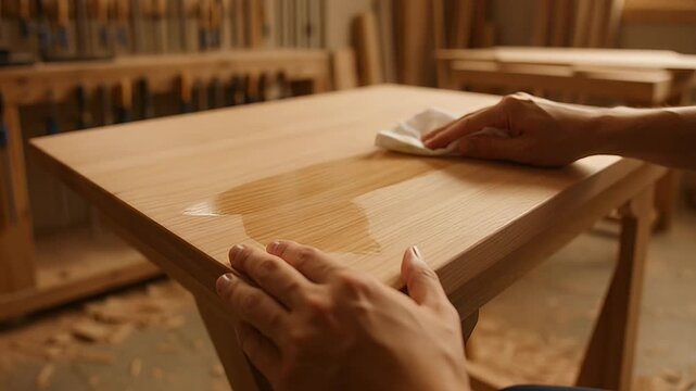 Craftsman applies a clear finish to a handcrafted wooden table top