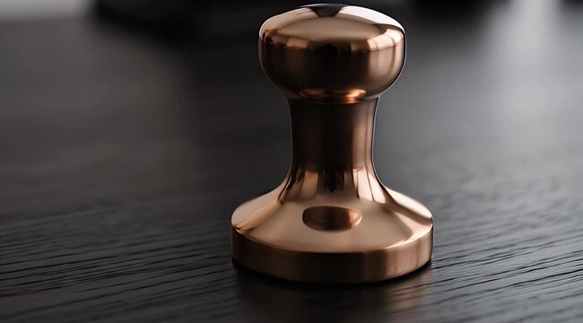 Polished copper-colored object with spherical top and flared base on dark wood surface