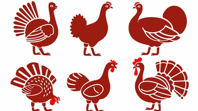 Stylized illustrations of fowl, showcasing various poses of turkeys and chickens against a white backdrop