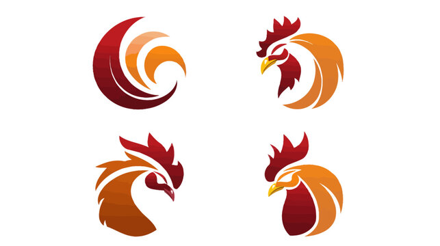 Four stylized illustrations, each depicting a rooster head using various orange and red gradient hues