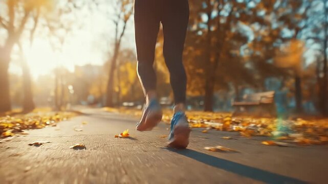 Close-up of a runner's legs and blue sneakers on a sunlit autumn path; fallen leaves, warm golden light, casual athletic wear, motion-ready