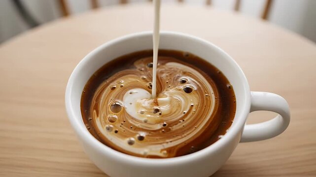 Pouring cream into a fresh cup of coffee creating a swirl pattern