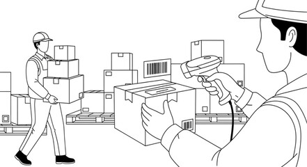 Warehouse worker scanning barcode on box with handheld scanner. © Kar