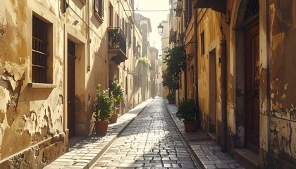 Obraz premium A narrow, cobblestone street lined with old buildings and potted plants