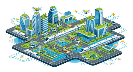 Fototapeta premium Smart City Isometric View: Futuristic Urban Landscape with Drones, EVs, and Green Technology