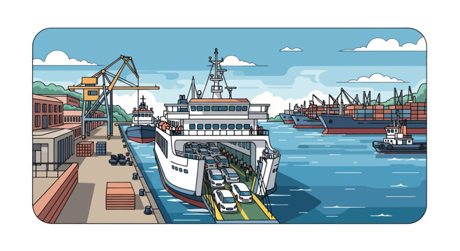 Ferry Boat Loading Cars at Busy Harbor, Maritime Transport and Logistics