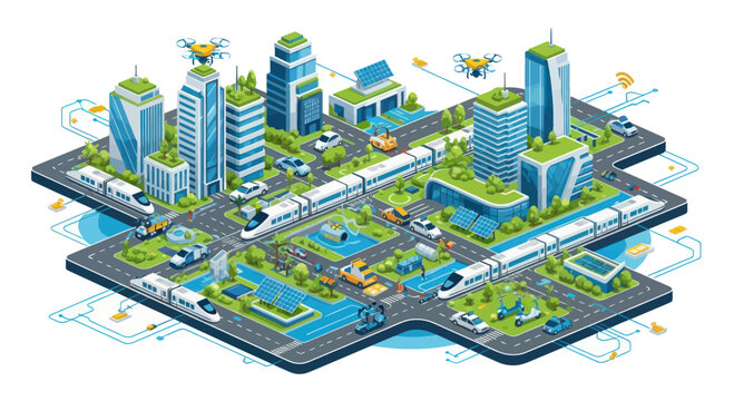 Smart City Isometric View: Futuristic Urban Landscape with Drones, EVs, and Green Technology