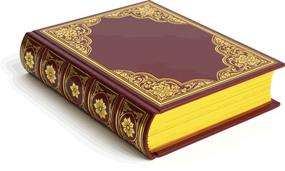 Obraz premium Maroon Book with Gold Ornate Details on White Background