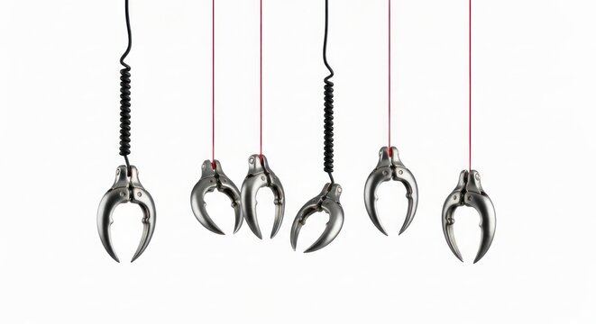 Hanging metallic claw-like objects on thin wires against a plain white background