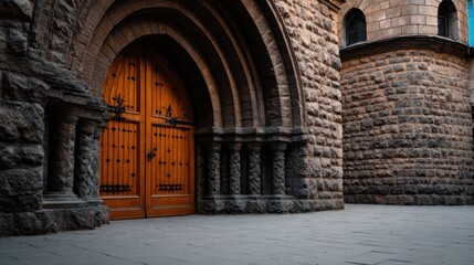 Fototapeta premium A majestic arched wooden door set in a stone structure, highlighting intricate details and textures