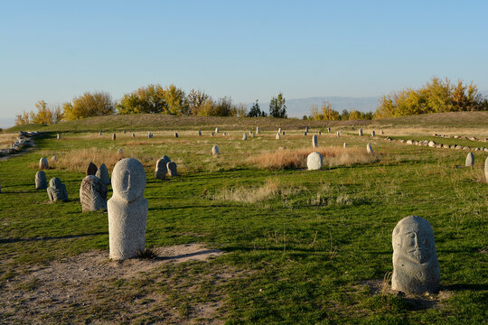 6-8th century ancient Balbal grave marker or Kurgan stelae of Turks nomadic, Chuy Valley, Tokmok region, Kyrgyzstan.