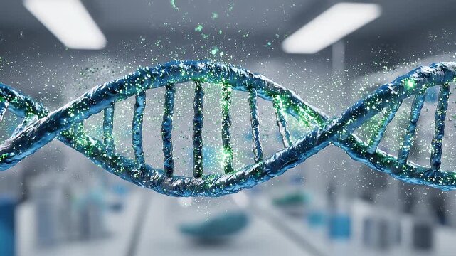 Close-up of a glowing DNA double helix structure, representing genetic science and molecular biology in a futuristic laboratory setting