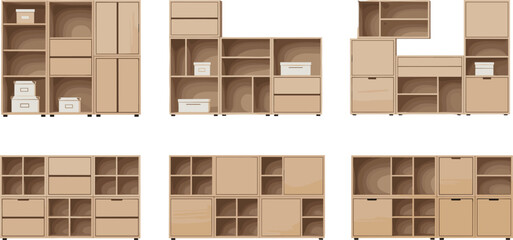 Modular Wooden Storage Cabinet and Shelving Unit Collection with Cubby Organizers, Drawers, and Cupboards for Home Office Furniture and Modern Interior Design Projects © MdSohanurRahman