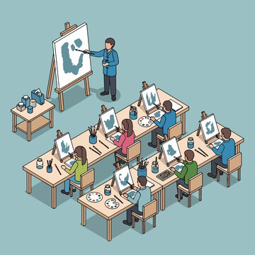An art class with an instructor teaching students how to paint on easels.