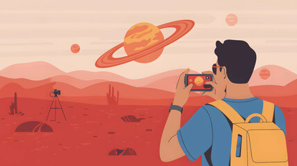 Man with a backpack, photographing Saturn and Mars on an alien planet phone camera tripod © srdesignhouse