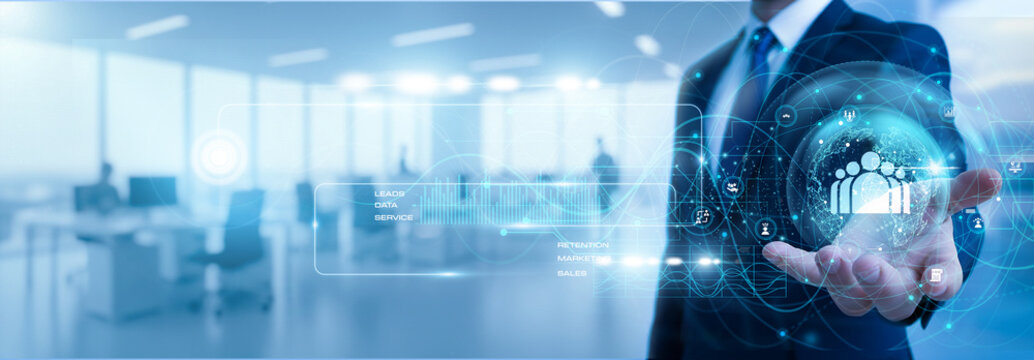 Manager holding customer relationship management dashboard showing sales growth graph with client data, business communication, customer tracking, service improvement, CRM system, marketing progress.