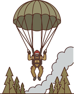 Smokejumper Paratrooper Descending Into Forest Fire Area