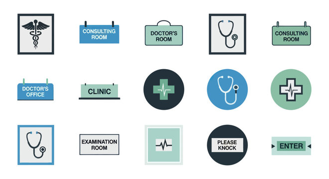 Collection of Medical Clinic Signs and Symbols in Various Styles.