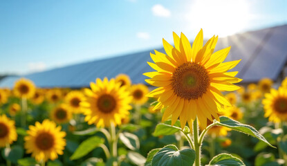 Obraz premium Bright yellow sunflowers with a solar panel roof in the background.