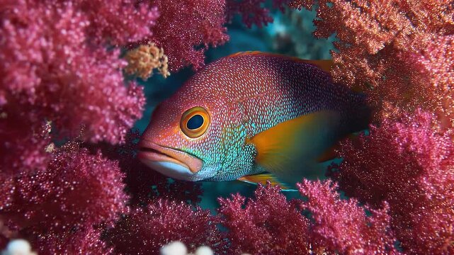 Close-up of a vivid parrotfish among pink coral; turquoise body, orange-yellow fins, dotted scales, set in a colorful reef and blue water