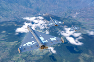 Military drone swarm operations. Shahed loitering munition UAV group flies in formation for aerial strike mission, illustrating modern unmanned warfare, surveillance and coordinated attack systems.