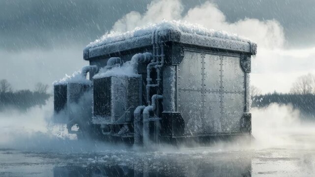 Optimized cooling systems visible on insulated equipment hut with softfocus temperate surroundings illustrating environmental control in mixed weather zones.