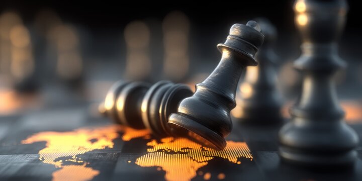 Fallen black chess king on a world map chessboard symbolizing global strategy and defeat