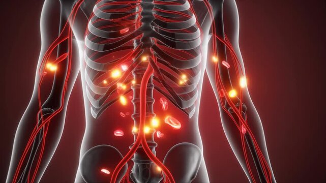 Human body shows blood sugar spreading through circulatory system in medical animation at various positions