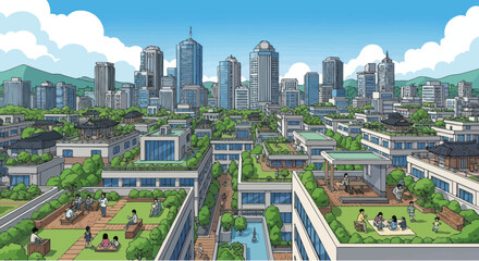 Naklejka premium Vibrant cityscape with modern buildings, green rooftops, and traditional architecture.